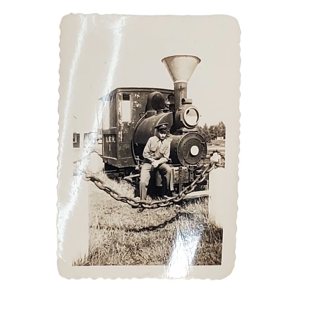Vtg Man Posing with Parked Steam Engine Original Monochrome Photography Portrait